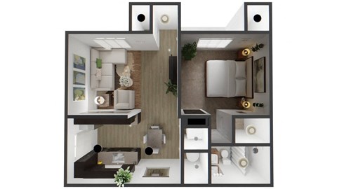 A 3D floor plan of a house with a kitchen, living room, and bathroom.